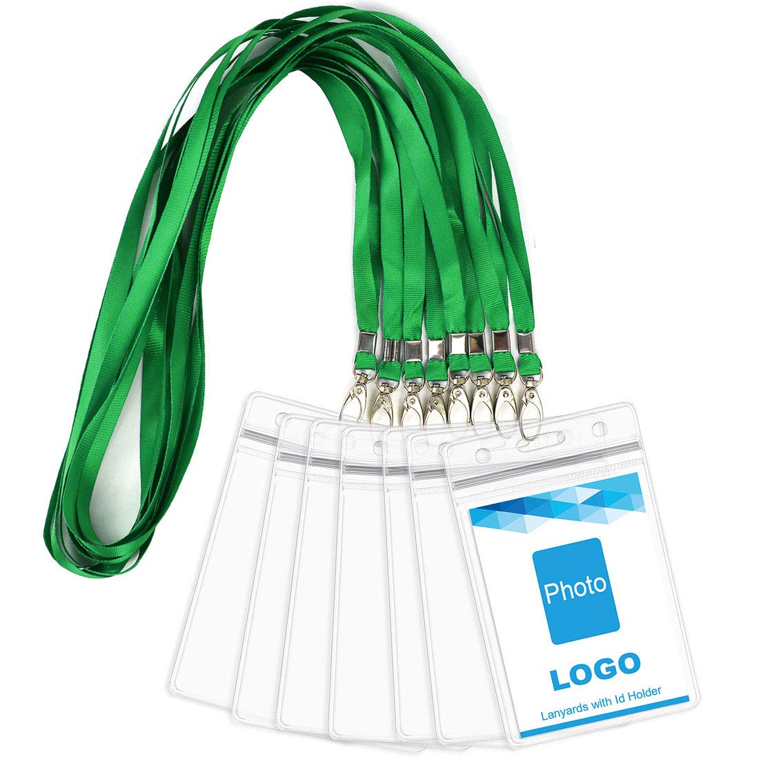 Lanyard with ID Holder 50 Pcs Waterproof Name Tag Badge ID Card Holders ID Pass Holder and 50 Pcs Flat Neck Lanyards Swivel Hook (Green, Vertical)