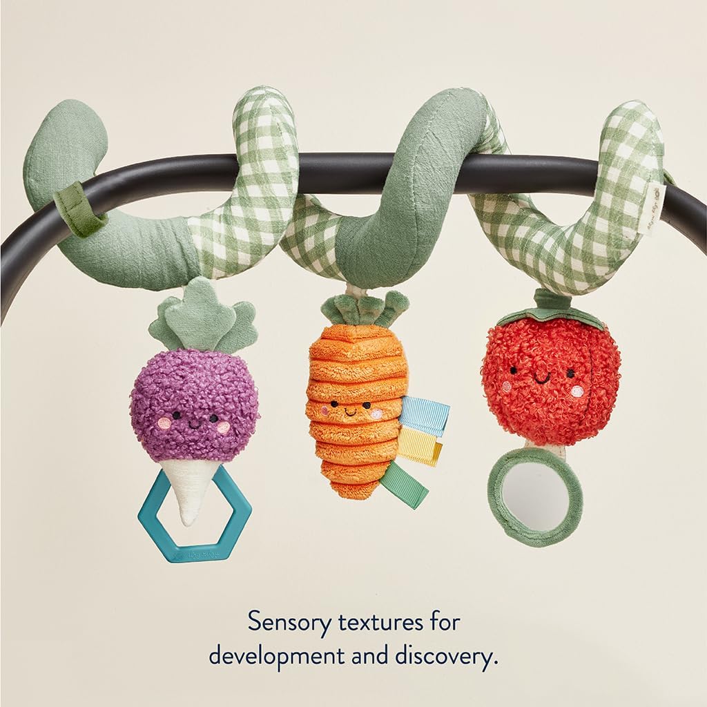 Itzy Ritzy Spiral Car Seat & Stroller Activity Toy - Stroller & Car Seat Toys for Ages 0 Months and Up - Hanging Toys Include Dangling Ring, Mirror and Textured Ribbons (Veggie)