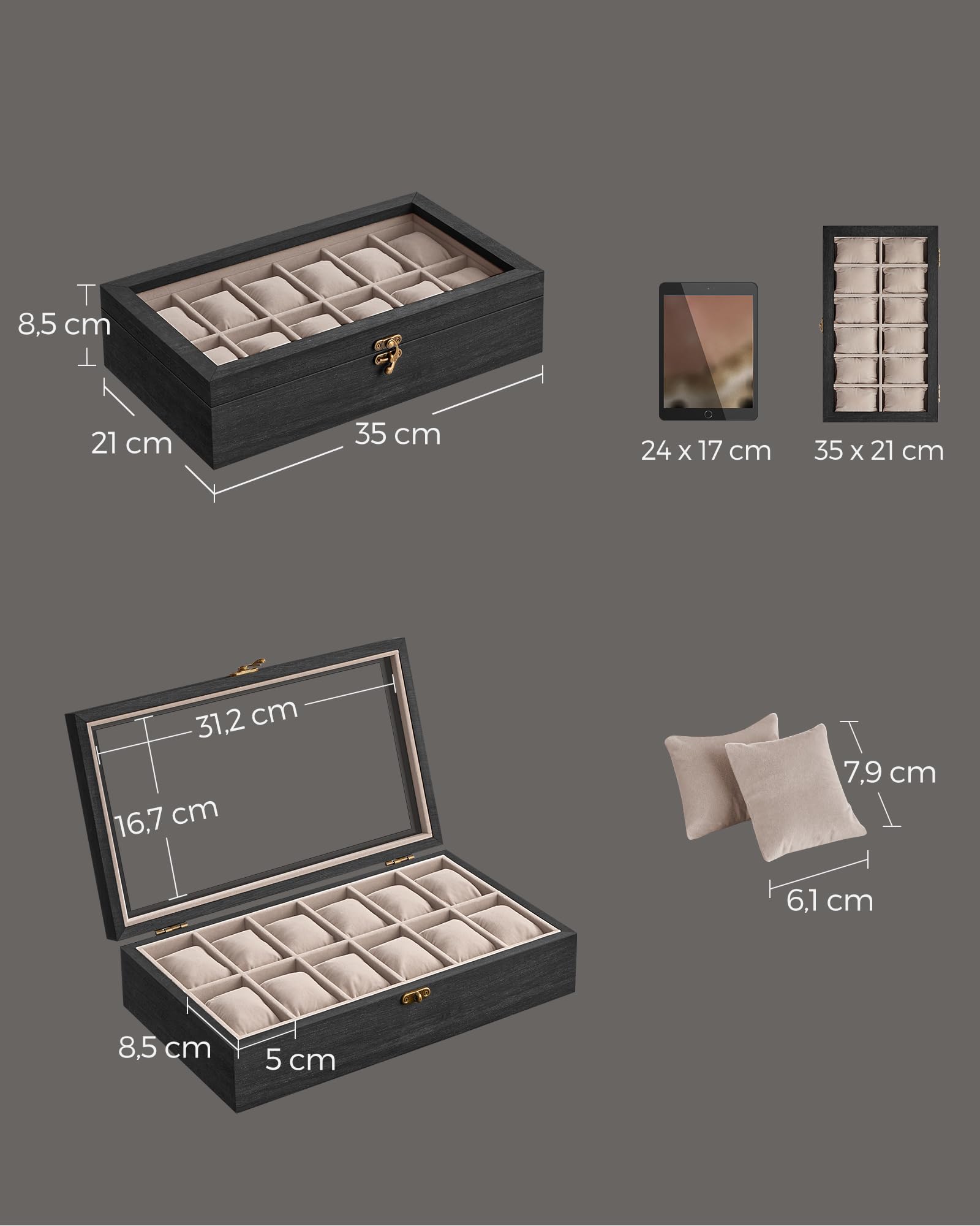 SONGMICS Scatola per Orologi, Scatola Porta Orologi a 12 Scomparti, Portaorologi in Legno con Coperchio in Vetro e Cuscinetti Rimovibili, Idea Regalo, Nero Ebano JOW120B01