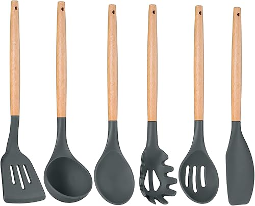 Miniatura 8 de P&P CHEF Juego de utensilios de cocina, 6 utensilios de cocina con mango de madera, espátula de silicona para utensilios de cocina antiadherentes,