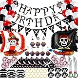 Menge: 2 Piratengeburtstagsbanner, 2 Piratenfolienballons, 12 Piratenschnurrbärte (6 verschiedene Stile), 30 x 10 Zoll Latexballons (rot, schwarz, weiß), 10 x 12 Zoll Konfettiballons, 16 Piraten Cupcake Toppers, 6 Piraten Augenklappen, 6 Piraten Halstücher, 2 aufblasbare Schwerter, 12 goldene Piraten Kunststoffohrringe, insgesamt 98 Stück