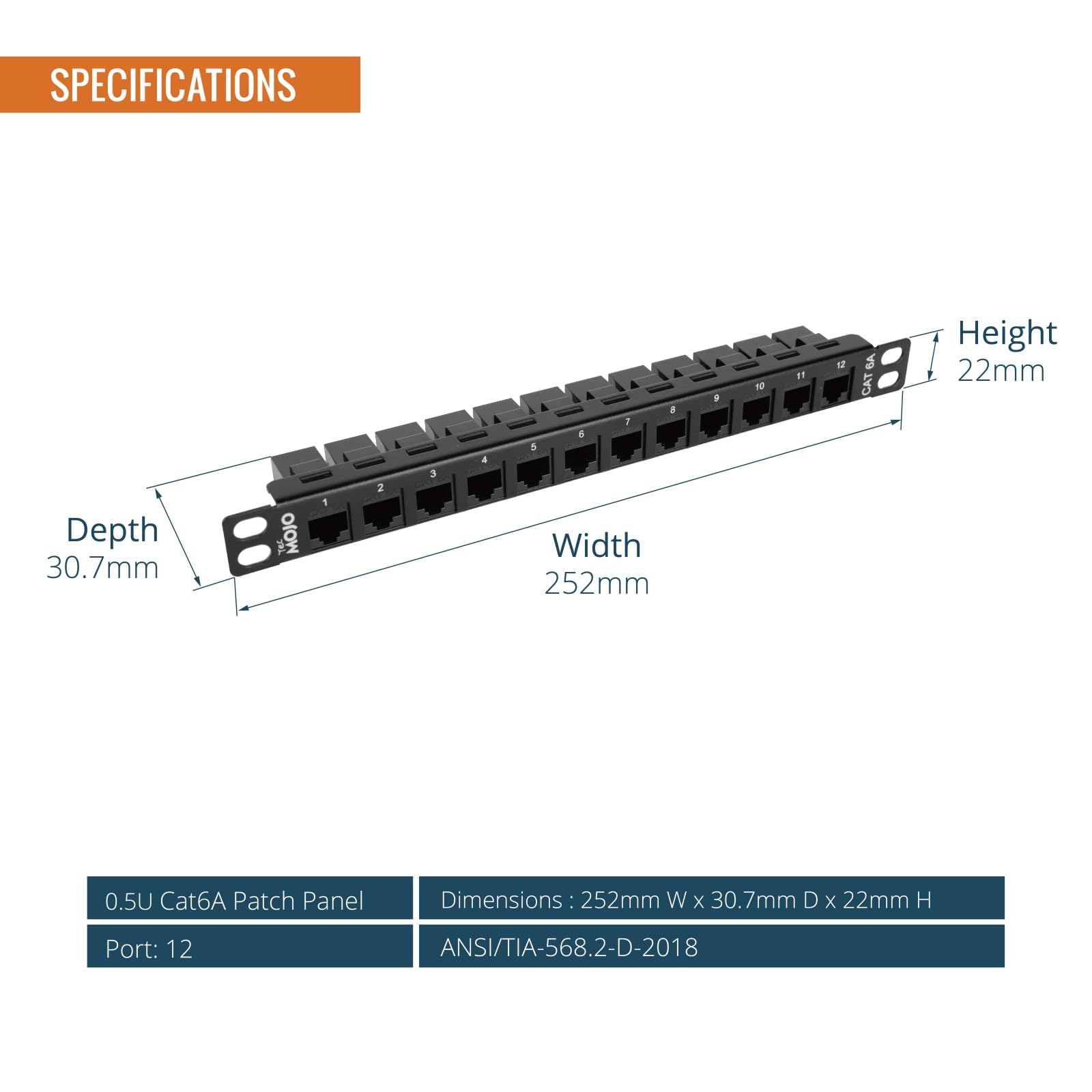 Tecmojo 10 Pollici 0,5U Pannello di Permutazione a 12 Porte Cat6A, Pannello Modulare per Montaggio su Rack con Connettori Keystone RJ45, 10 Gigabit Ethernet, Nero