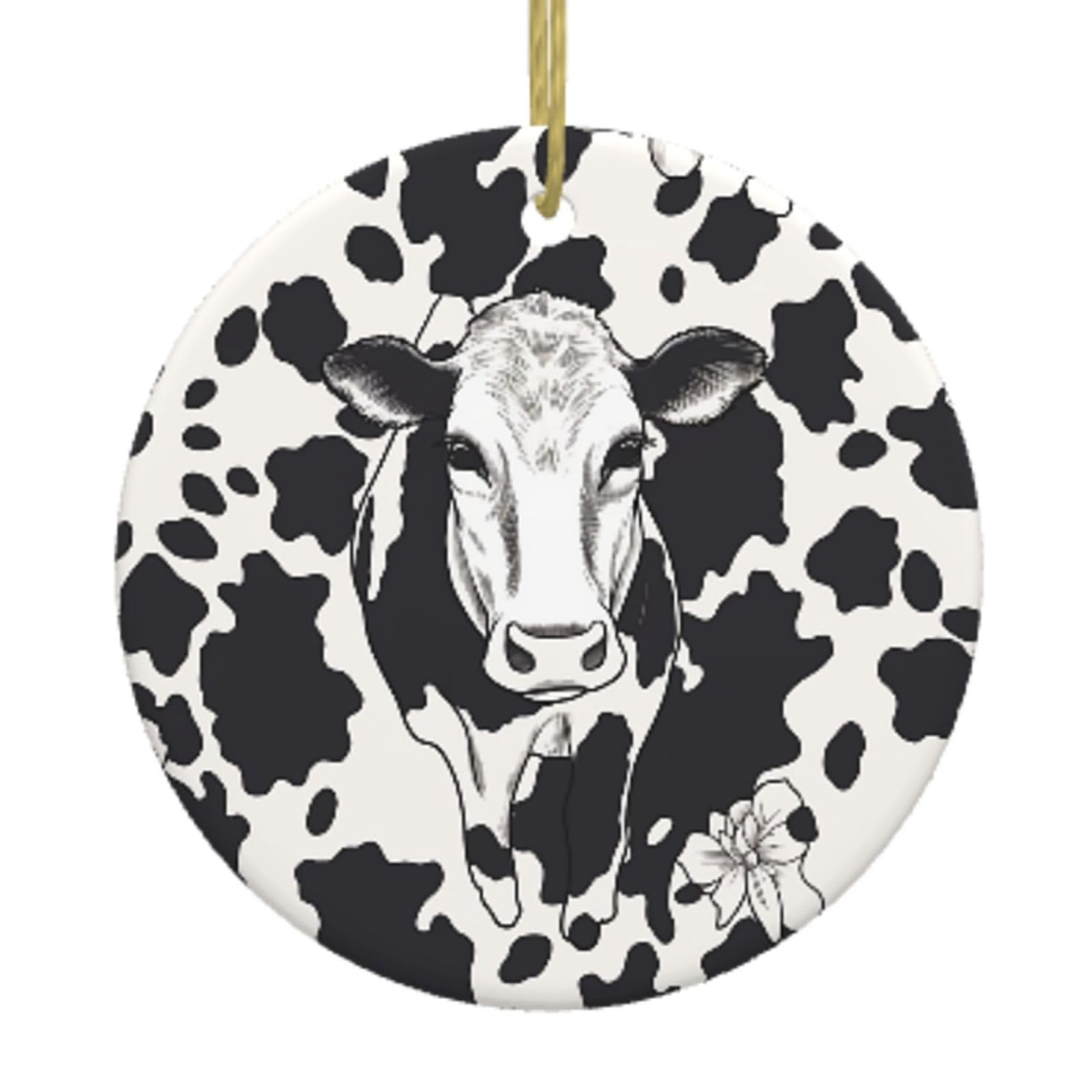 Ceramic Christmas Tree Hanging Ornaments with Gold Ropes Christmas Tree Decorations Round Ceramic Black and White Cow Pendant Keepsake Decorations for Holiday Xmas Gift Ideas