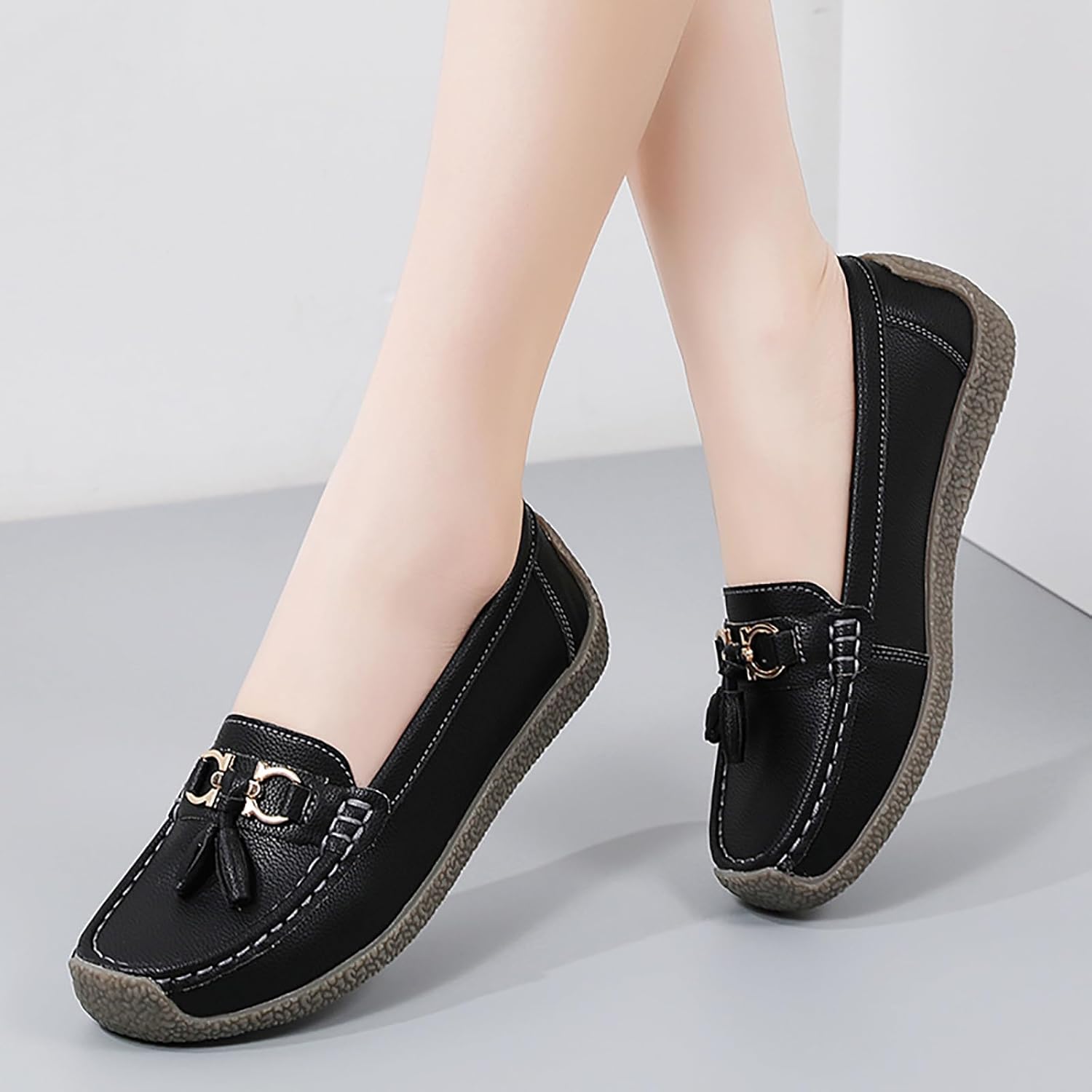 Women's Faux Leather Flat Loafers Classic Casual Comfort Slip-On Shoes Soft Sole Dress Shoes(Black,Size 6) - Image 6