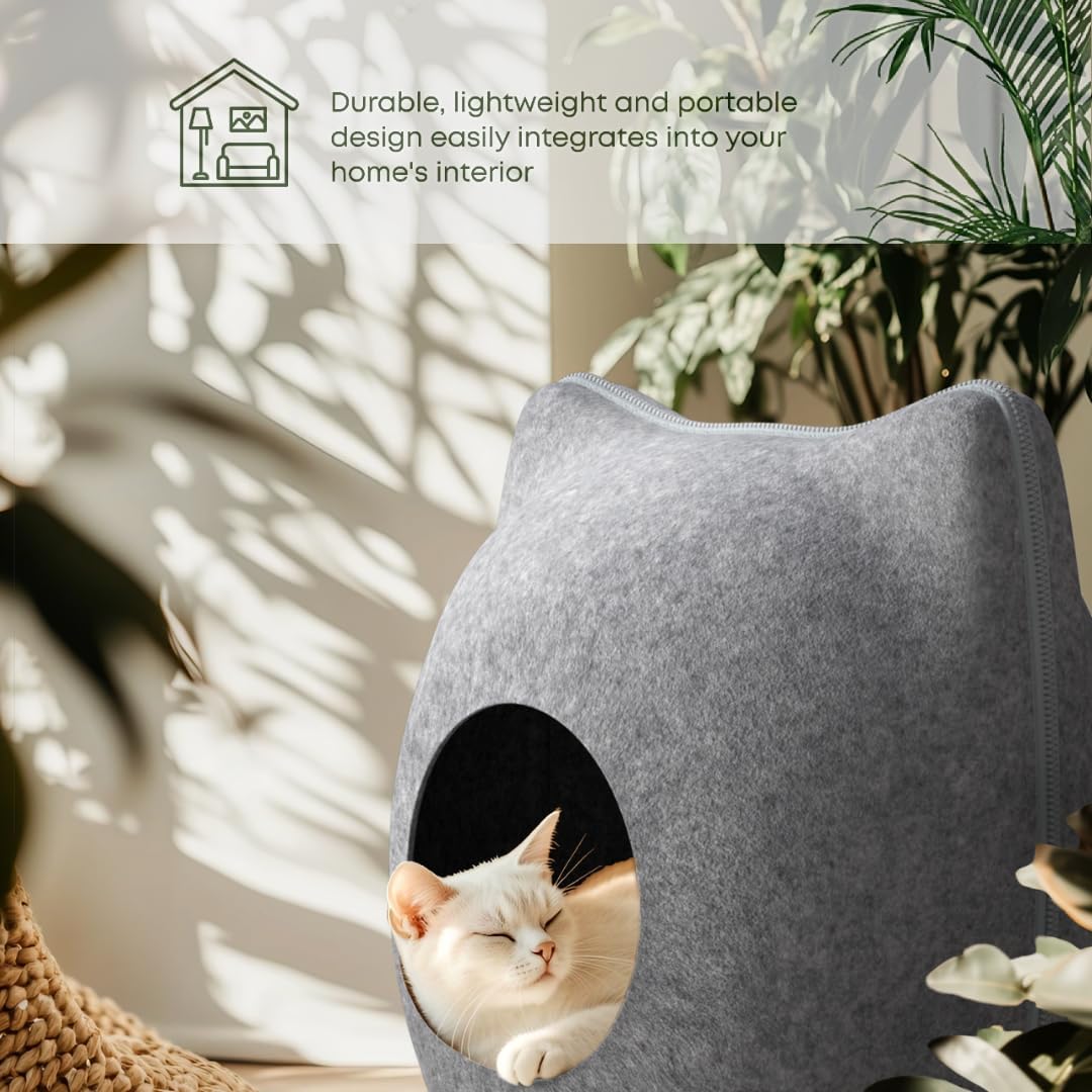 review Cat Beds for Indoor Cats, Cat House, Cat Hideaway, Cat Condo for Large Cats, Cat Treats Cat Toys Gift Inside, Cat Hideaway Cave in Light Grey