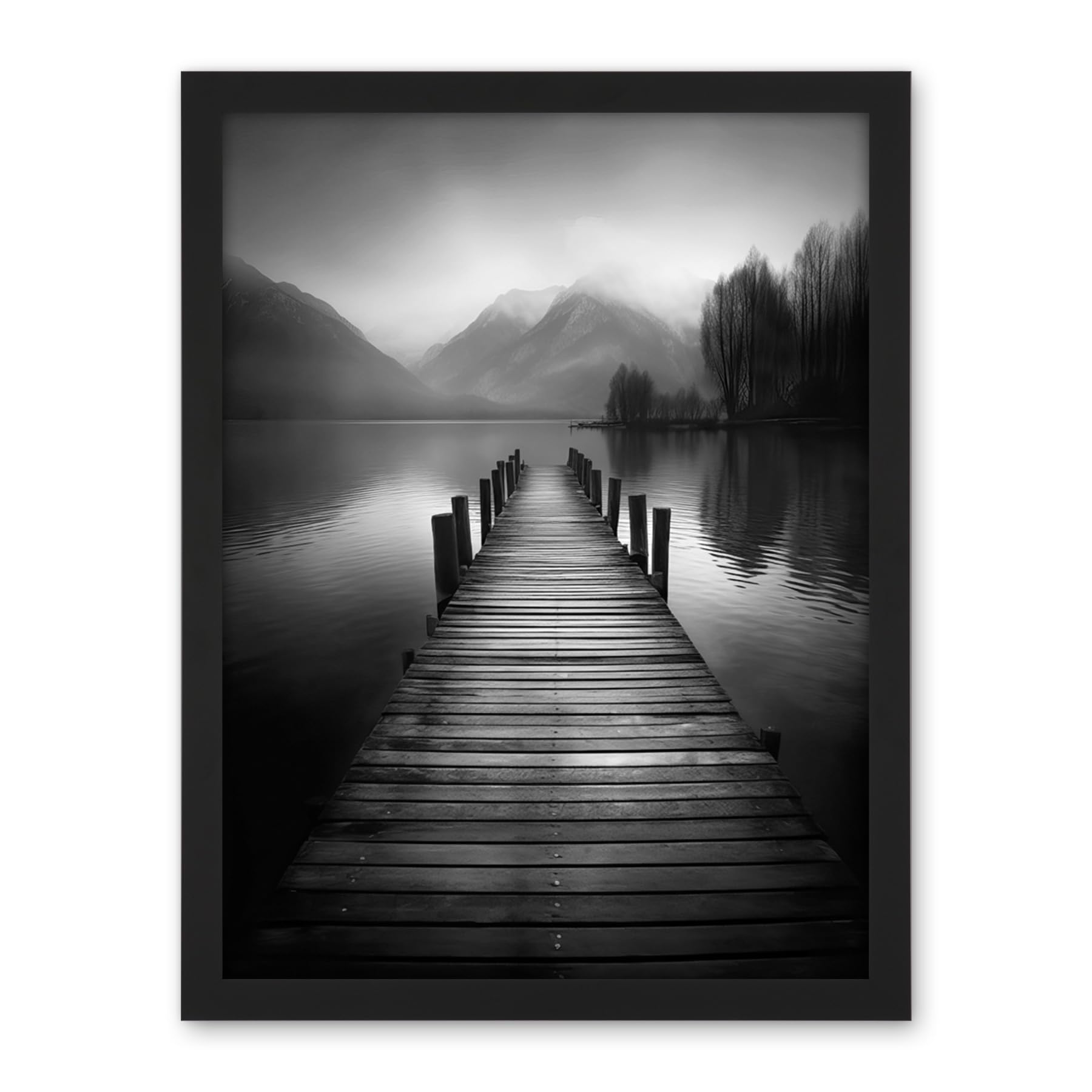 Artery8 Framed Black 18X24 Lake Pier Mountain Landscape Black And White Photo Artwork Framed Wall Art Print 18X24 Inch