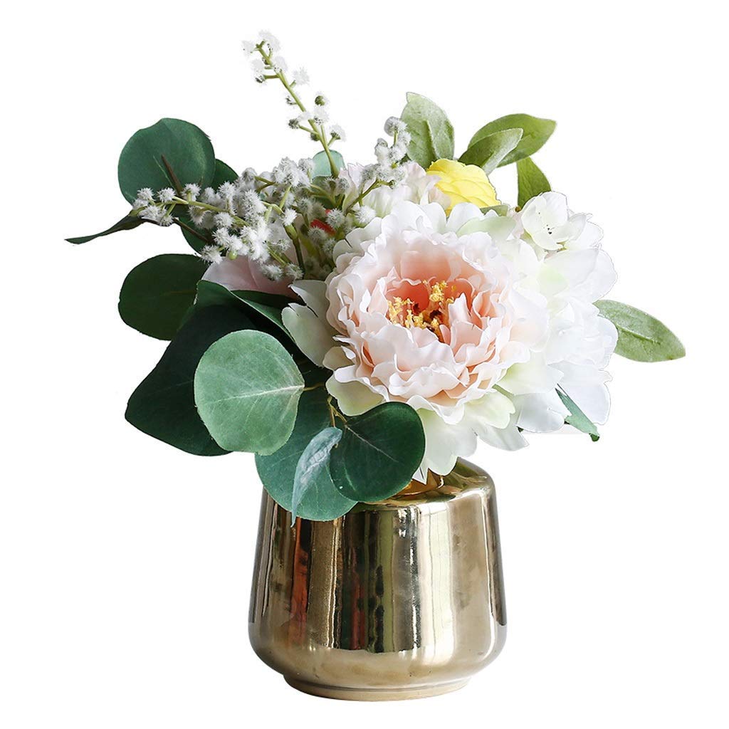 XDLEDMKIZ Artificial Flower in Pot Artificial Peony Flower with Gold Vase, Silk Flowers Peonies Bouquets Fake Flower for Table Centerpiece Decor Table Centerpieceent Inte