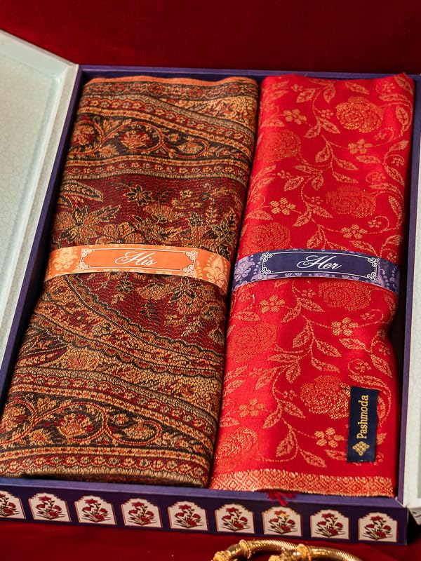 Image of Pashmoda His and Her Gift Set of Jamawar Shawl and Kaani Stole With Wooden Gift Box