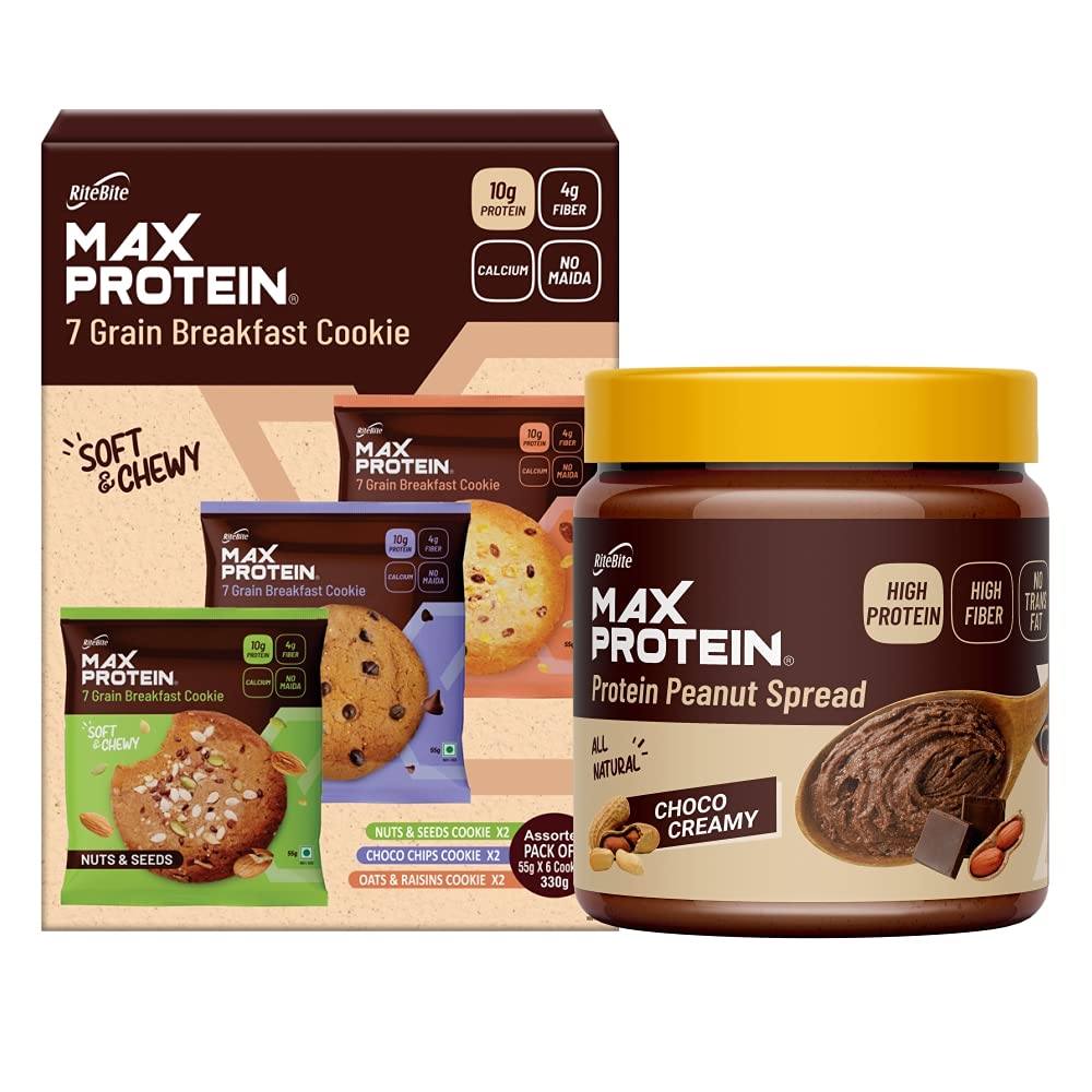RiteBite Max Protein Cookies - Assorted (Pack of 6 (330g)) & RiteBite Max Protein Peanut Spread (Choco Creamy [340 gm]) (Combo)