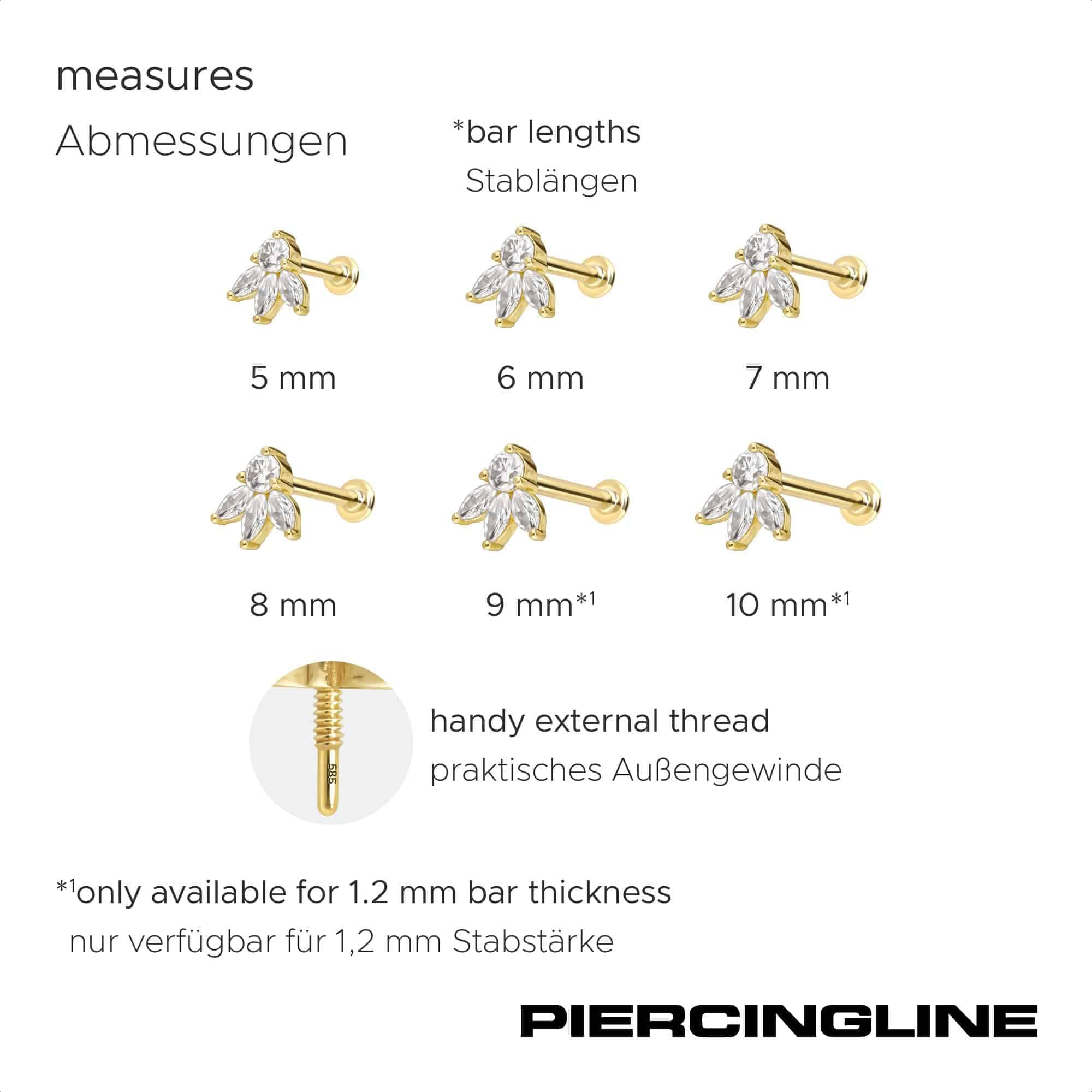 PIERCINGLINE Piercing Stecker 14 Gold Labret mit Innengewinde MOISSANIT-LOTUSBLÜTE 585er Gold - Roségoldfarben, Goldfarben, Silberfarben