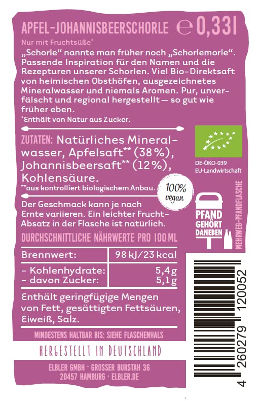 Elbler Morleschorle, 24 x 0.33 l, Mixpaket: 12 x Johannisbeerschorle, 12 x Rhabarberschorle, inkl. 1,92€ Pfand, Bio-Schorle, Bio-Obst, Direktsaft ohne Zuckerzusatz, mit Natürlichem Mineralwasser