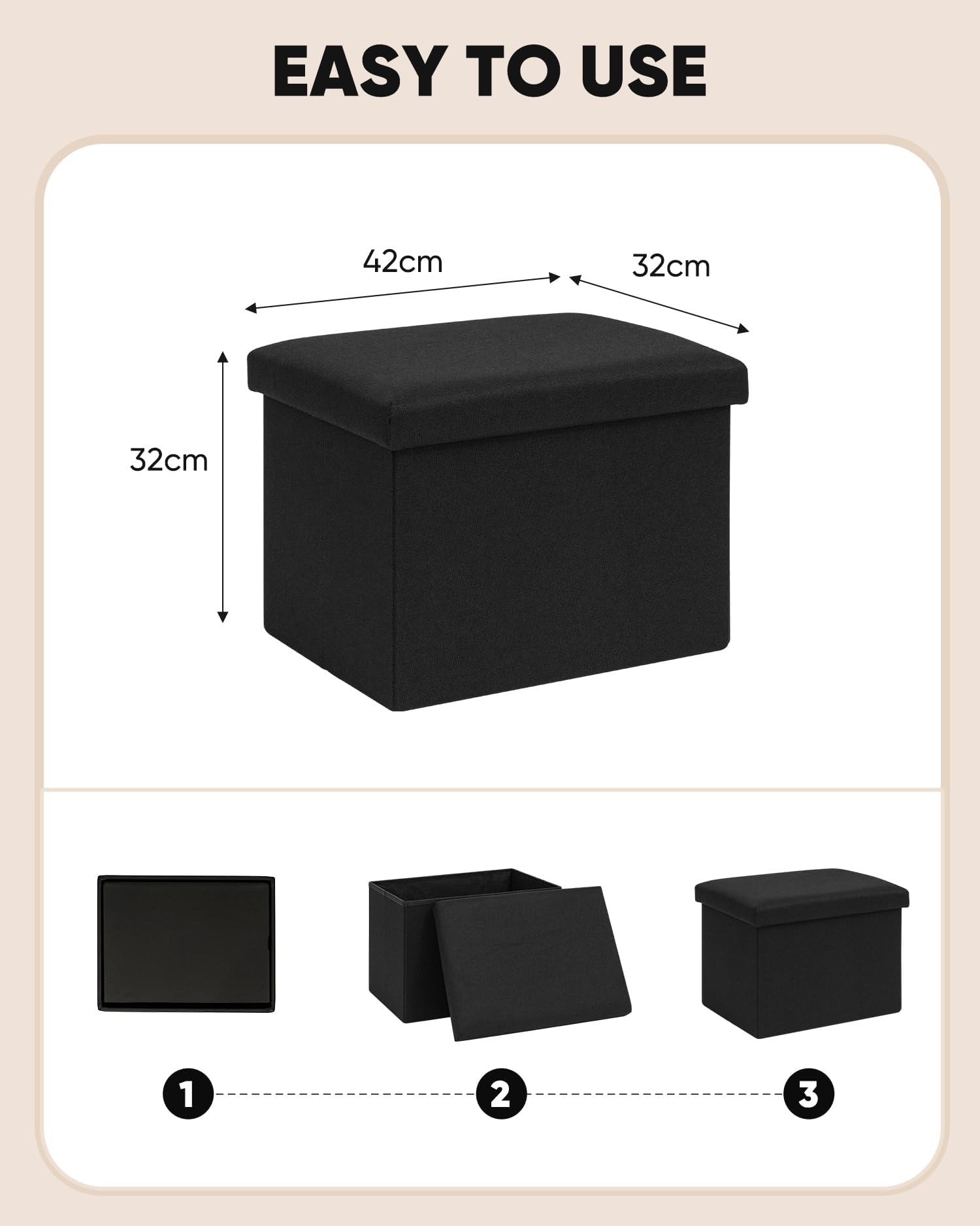 Bonlife Black Ottoman Storage Box, Foldable Rectangular Footstool for Living Room Kids Toy Chest with Lid - Image 3