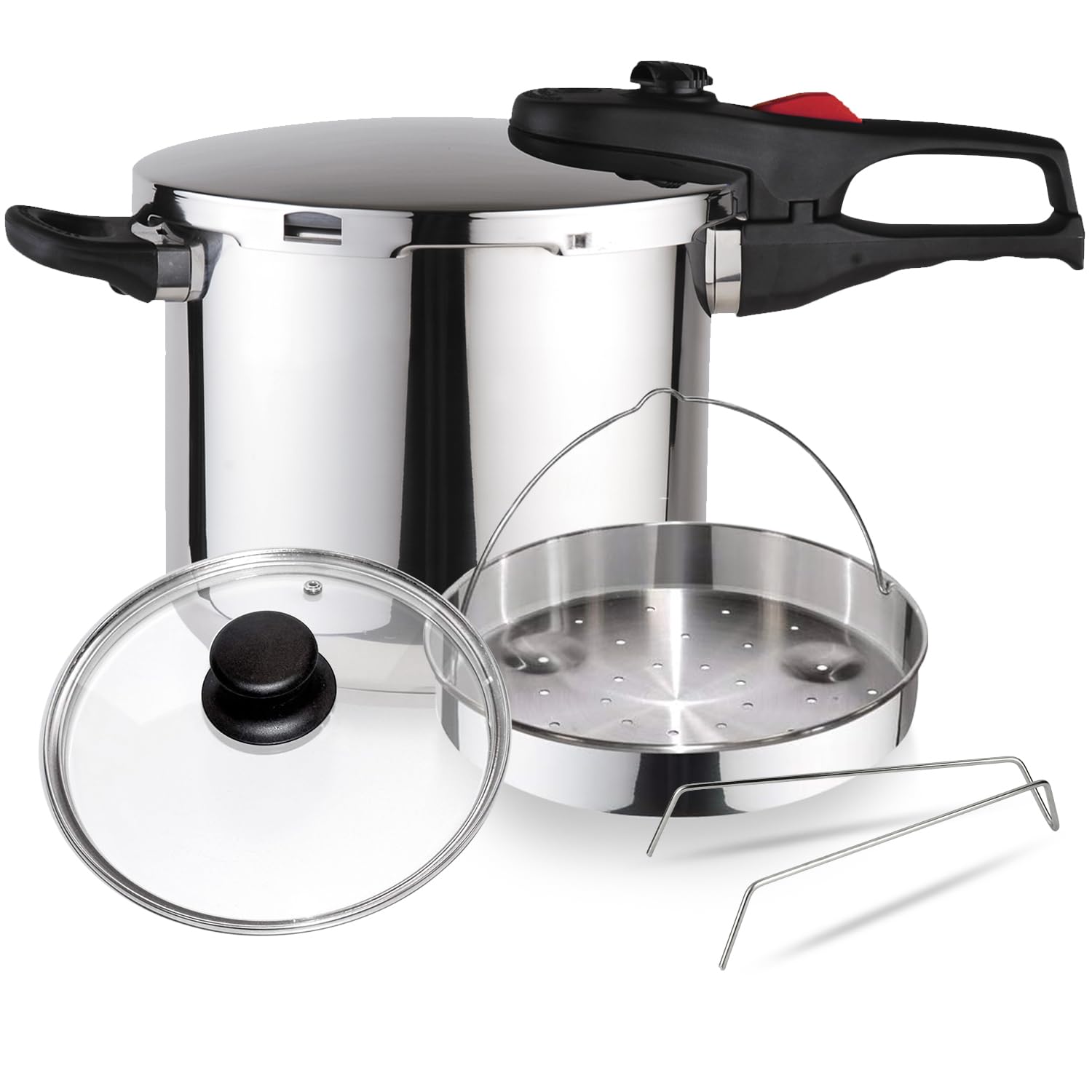 Magefesa Practika Plus - Pack Exclusivo Olla Express Rápida 6L + Cestillo + Tapa de Cristal, Acero Inoxidable 18/10, Sensor de Presión, Inducción