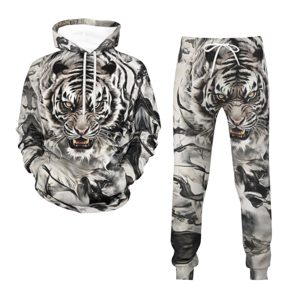 Set di felpa con cappuccio unisex con stampa animale, da donna, tuta sportiva da jogging, a maniche lunghe, girocollo, felpa + coulisse, pantaloni sportivi per il tempo libero