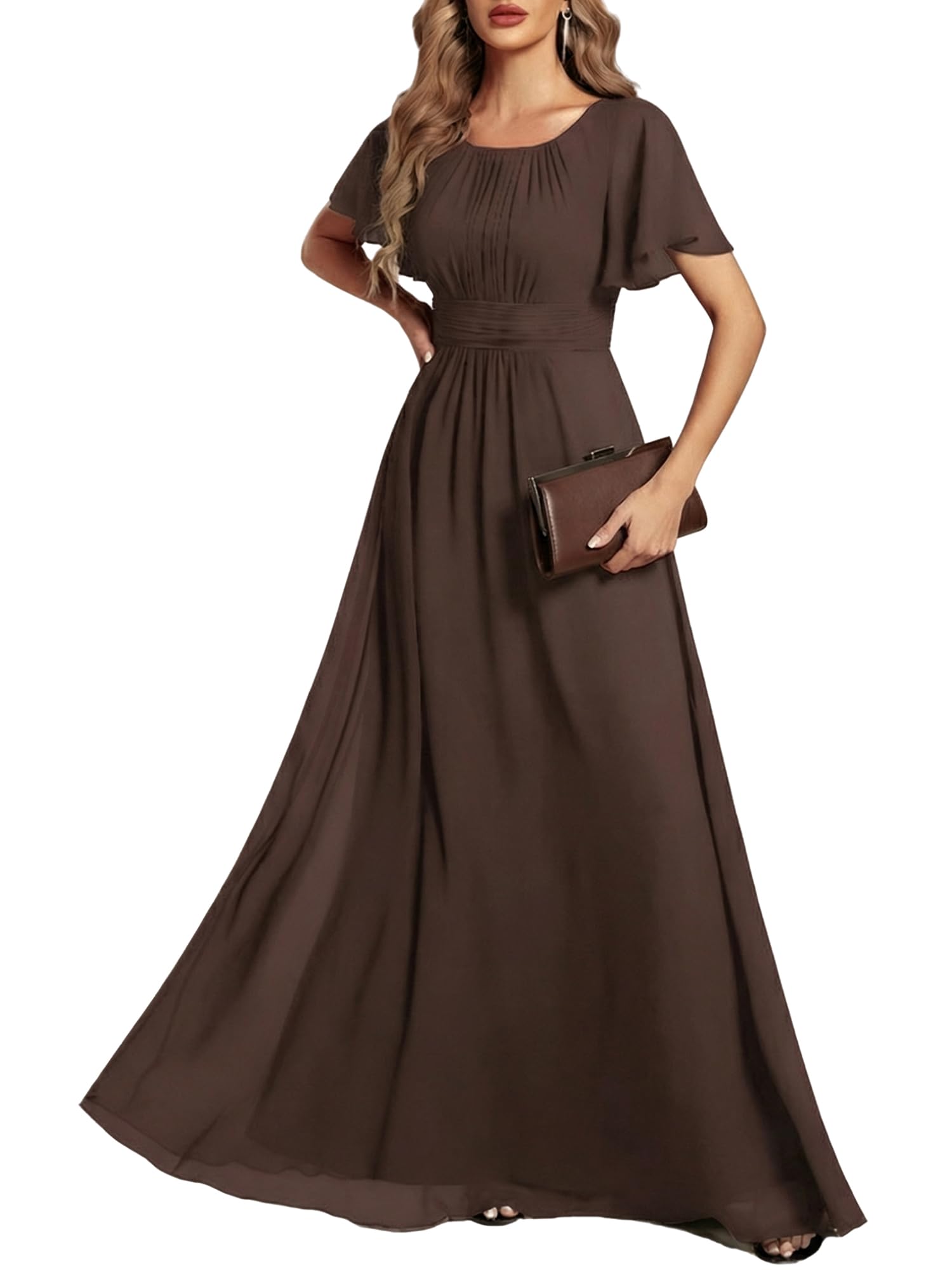 Ever-Pretty Women's Spring Elegant Round Neck Short Sleeve Chiffon Empire Waist Floor Length Formal Dresses Bridesmaid Dress