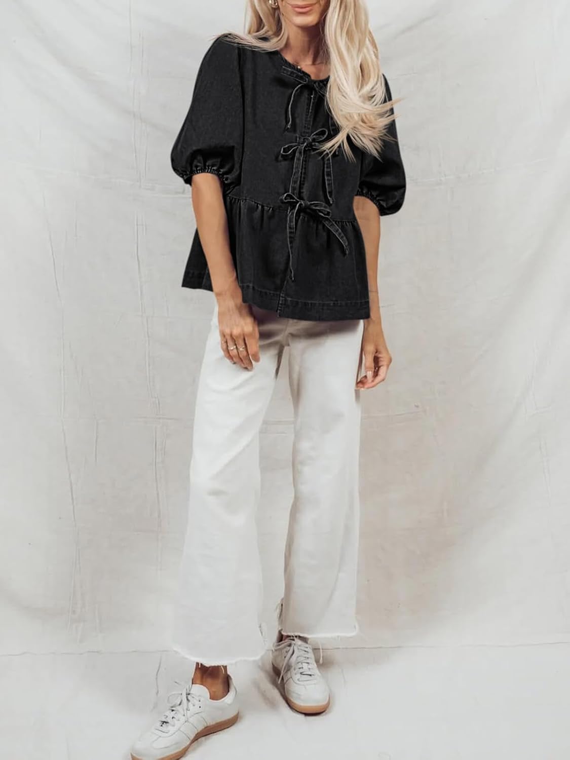 Tankaneo Womens Denim Tie Front Tops Babydoll Peplum Puff Sleeve Jean Shirts Crew Neck Summer Casual Bow Blouses - Image 5