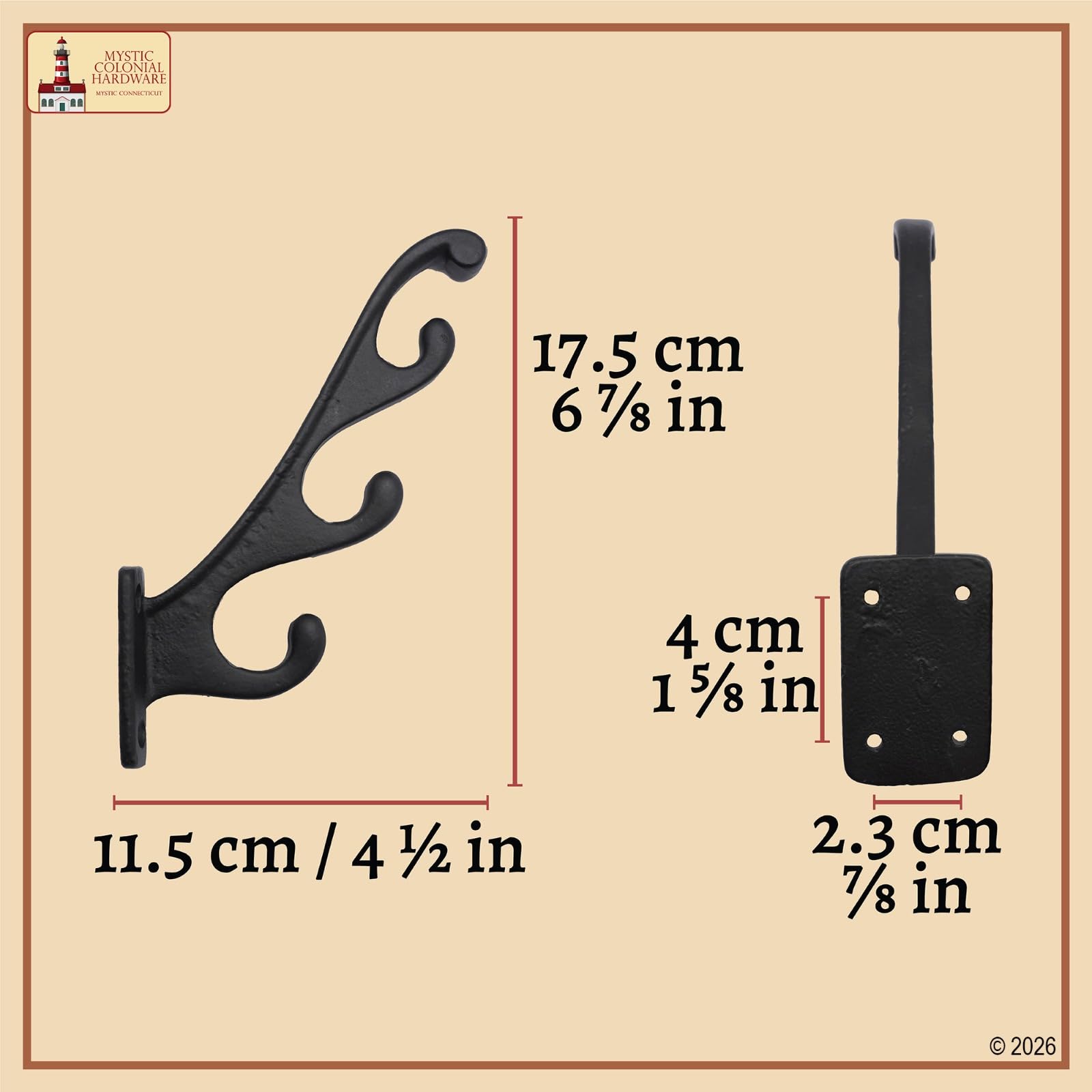 Mystic Colonial - Set di 2 ganci da parete in ghisa con corna di cervo, da parete, per cappotti, cappelli, borse, chiavi e asciugamani