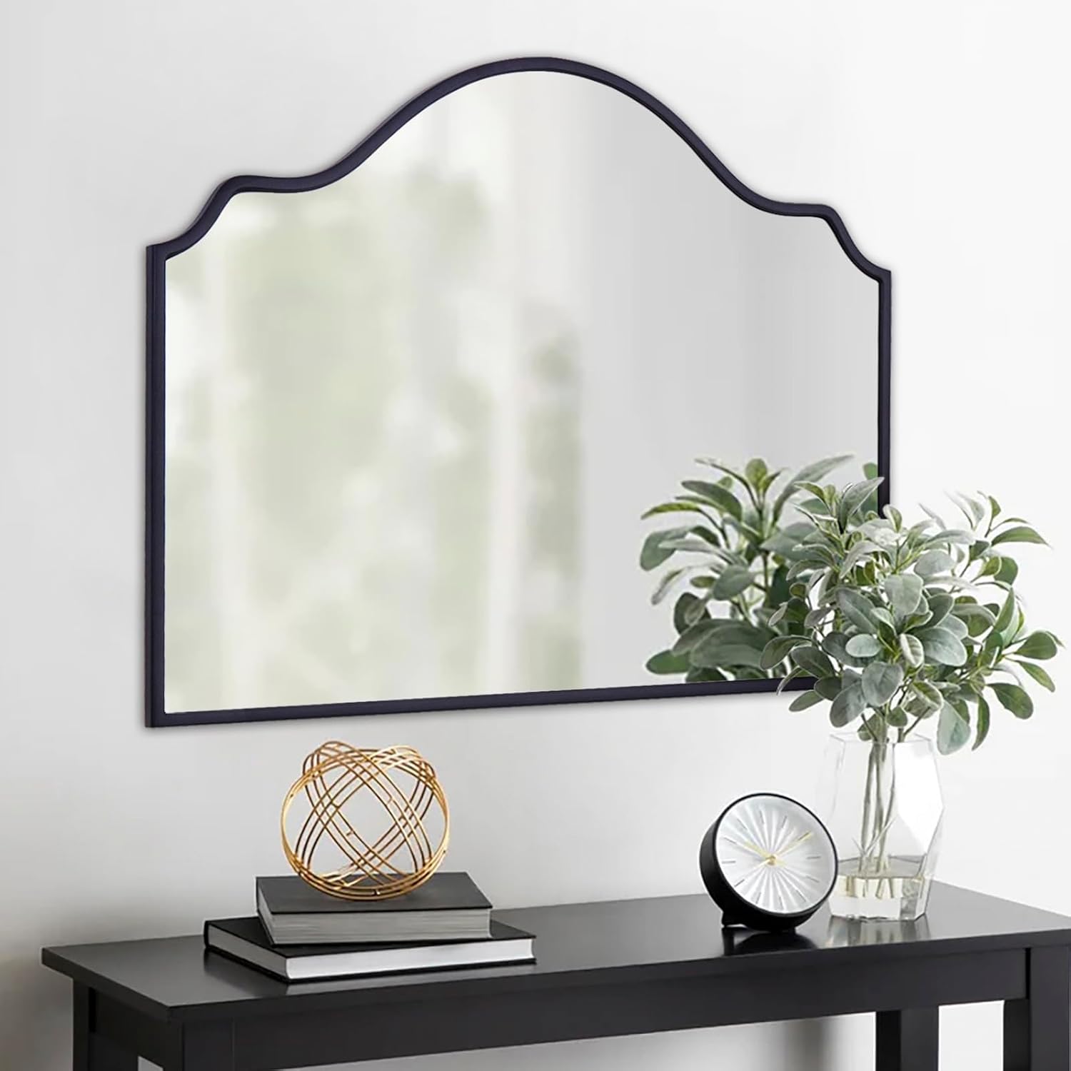 Chende Black Wall Mirror, Antique Arched Mirror for Fireplace Decor with Wooden Frame, 40'' x 28'' Elegant Scalloped Mirror for Living Room, Dining Room, Entryway