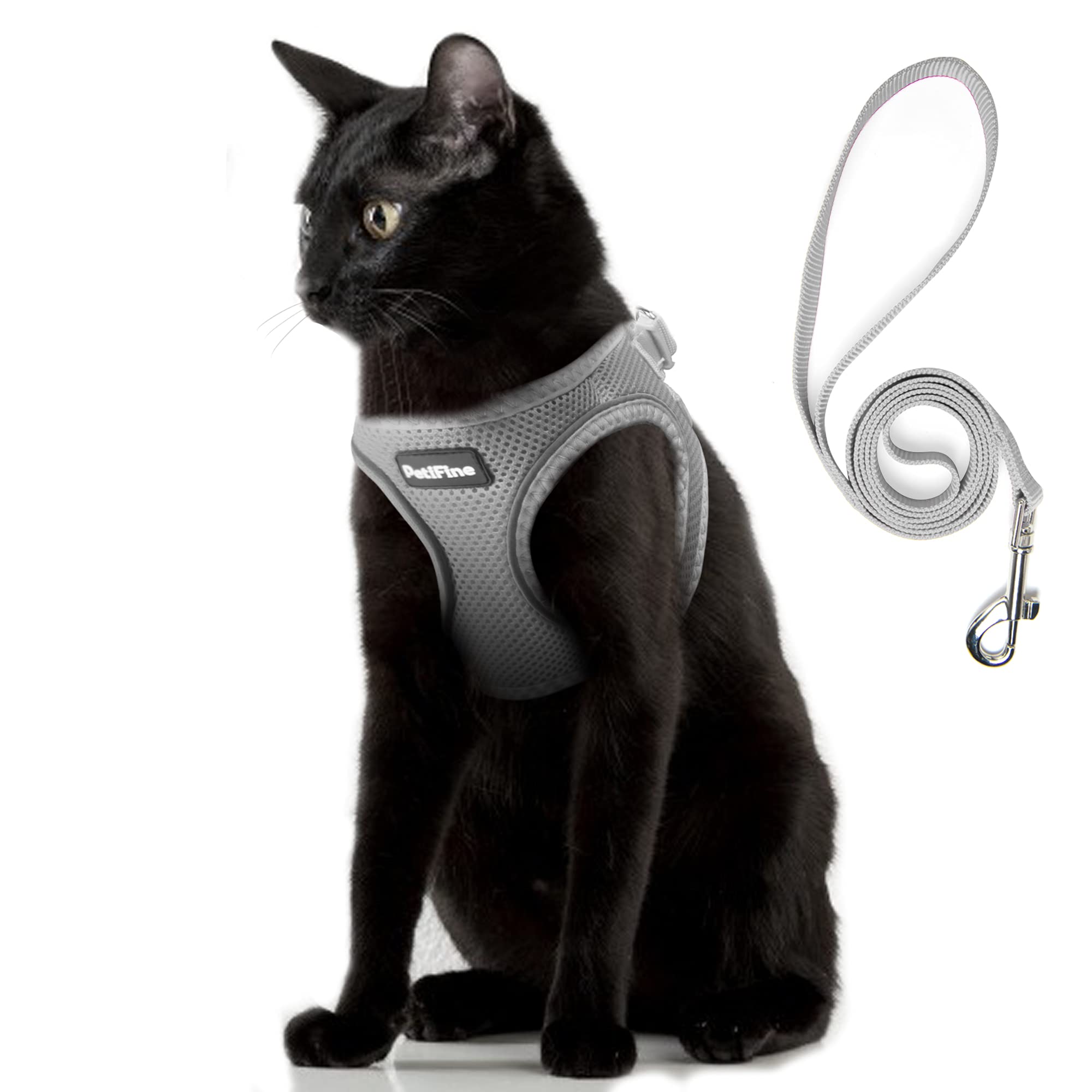 PetiFine Cat Harness and Leash Set,Escape Proof Kitten Harness Reflective,Soft Lightweight Puppy Harness for Walking and Travelling(XXS, Grey)