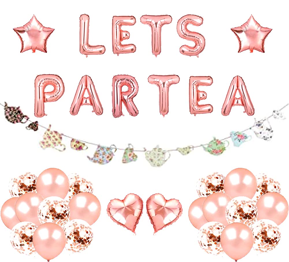 Rose Gold Tea Party Decorations Let's Par Tea Balloons Lets Par-Tea Birthday Banner Teapot Teacups Tea Party Supplies for Baby Shower Bachelorette Girls Birthday Decor