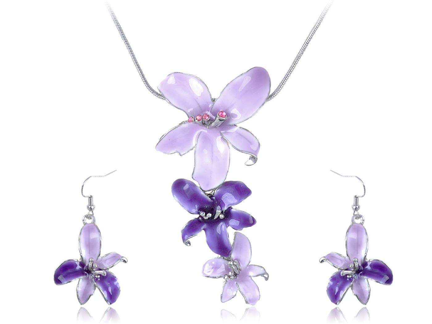 Silvery Tone Pink Rhinestones Purple Hawaiian Flower Necklace Earrings Set