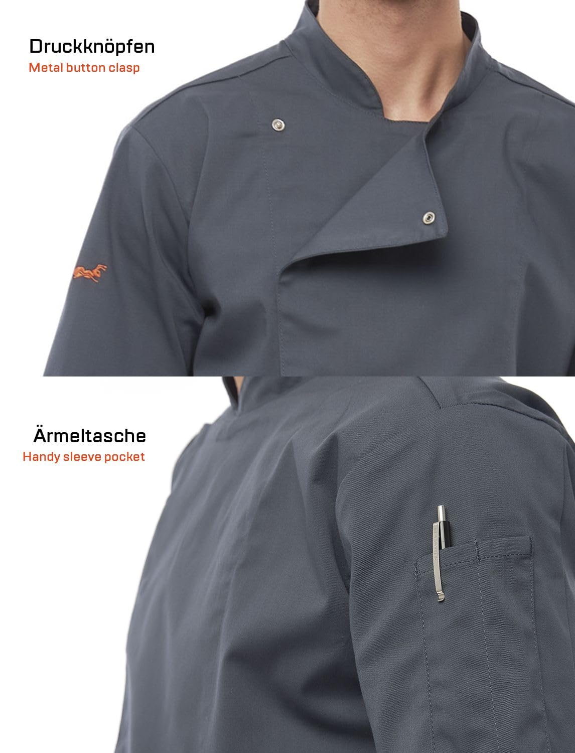 strongAnt Chaqueta de Chef para Hombre Slim Fit Stretch con Botones de presión, Chaqueta de Panadero - Manga Larga - Negro Gris Blanco