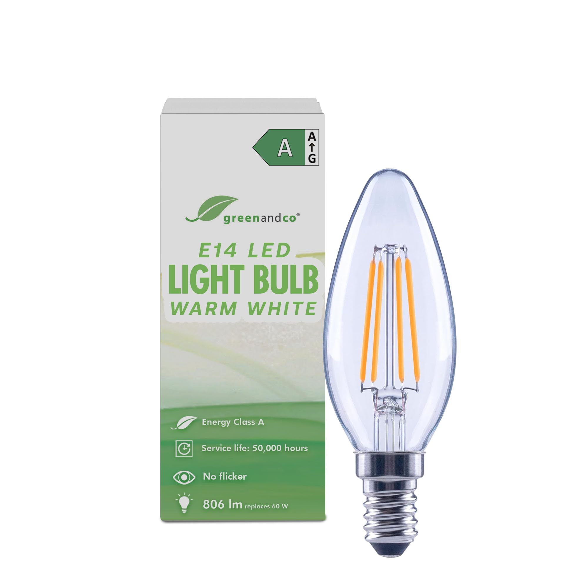 greenandco LED Filament Light Bulb | Clear | E14 C35 | 3.8W 806lm | Replaces 60W | 2700K Warm White | 320° | 230V | Flicker Free | Energy Class A | Non-dimmable