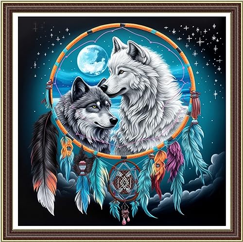 Image of Foxhool Beginners Cross Stitch Kits Stamped Full Range of Embroidery Kits for Adults DIY Cross Stitches kit Embroidery Patterns for Needlepoint kit-Couple Wolf 17.7x17.7 inch