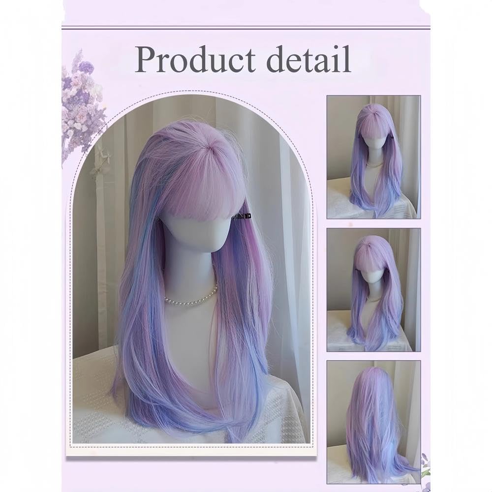 Haarpflege Perücke Weiblich Mit Lila Blauen Highlights Glattes Haar Hitzebeständige Faserperücken