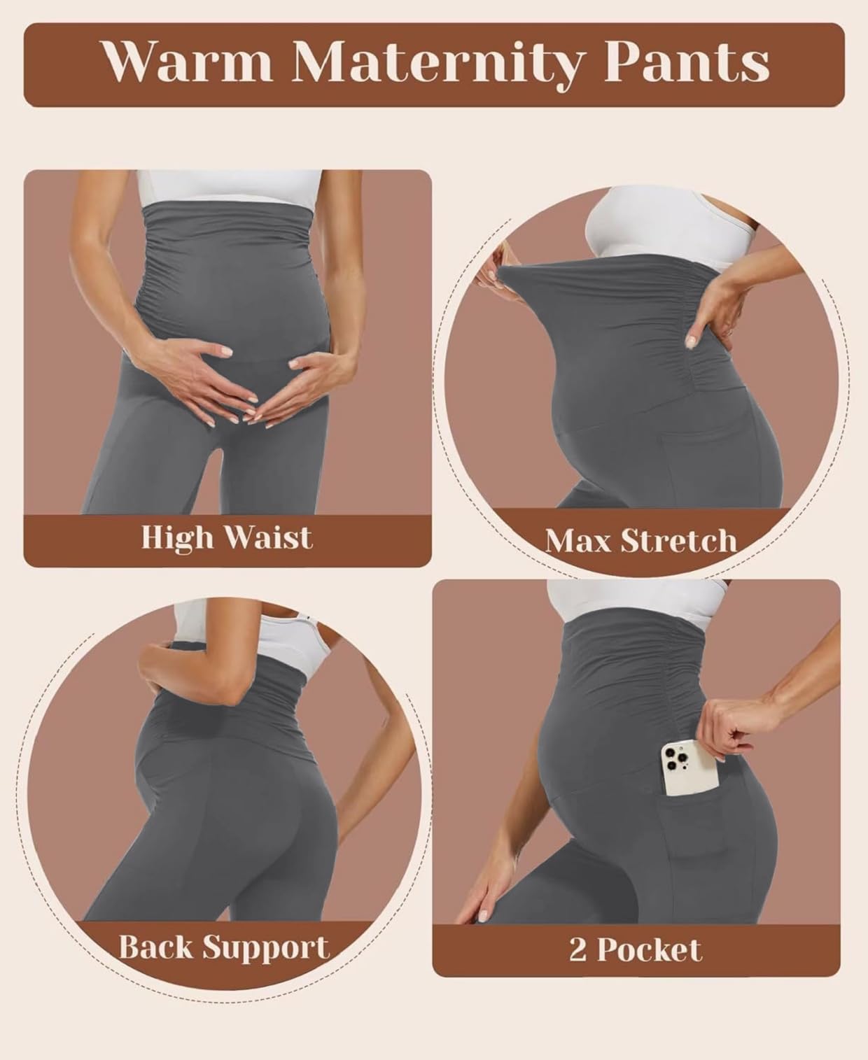 CheChury Legging Grossesse Femme Taille Haute Leggings Maternité Opaque Elastique Pantalon Grossesse Chauds Hiver Leggings Doublés de Molleton Femme Enceinte Legging Polaire avec Poches Yoga Maison