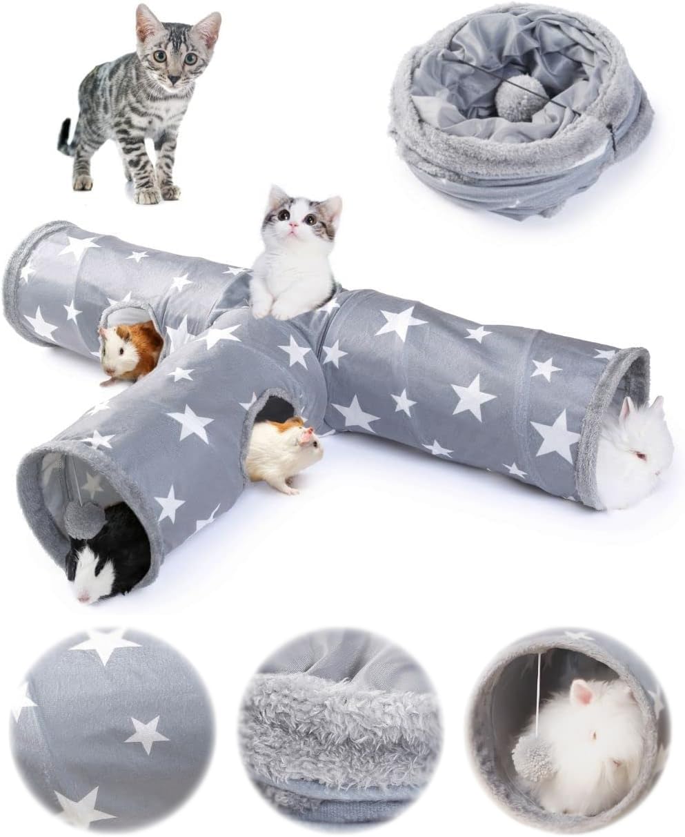 JanYoo Cat Katzen Tunnel Labyrinth Hasentunnel Kaninchentunnel 3 Wege Katzentunnel Rascheltunnel für Katzen Spieltunnel Spielsachen
