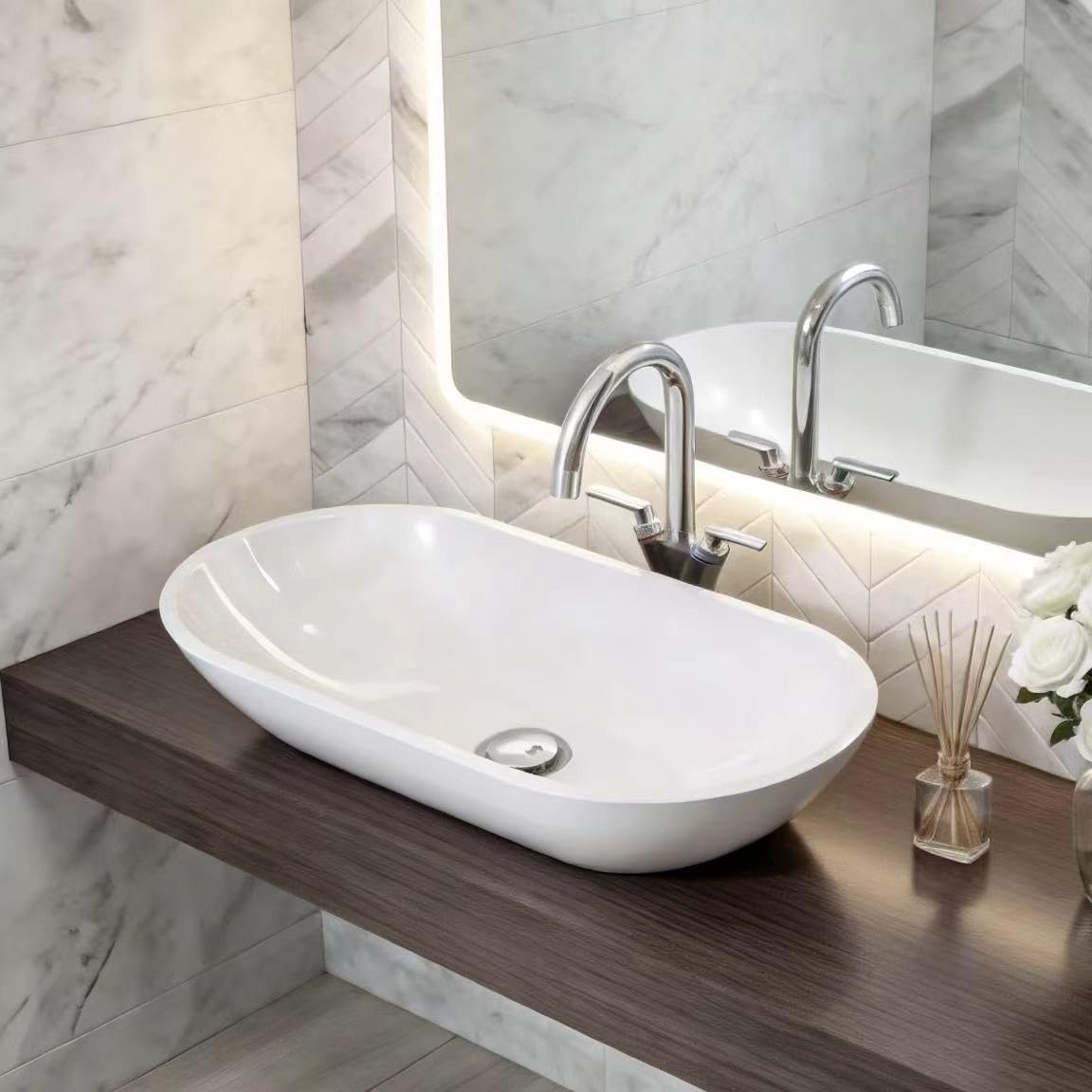 Durovin Bathrooms Luxurious Stone Resin Bathroom Basin - Thin Rim No Tap Hole - Countertop Mount Bathroom Vessel - Oval Shaped 600 x 300mm