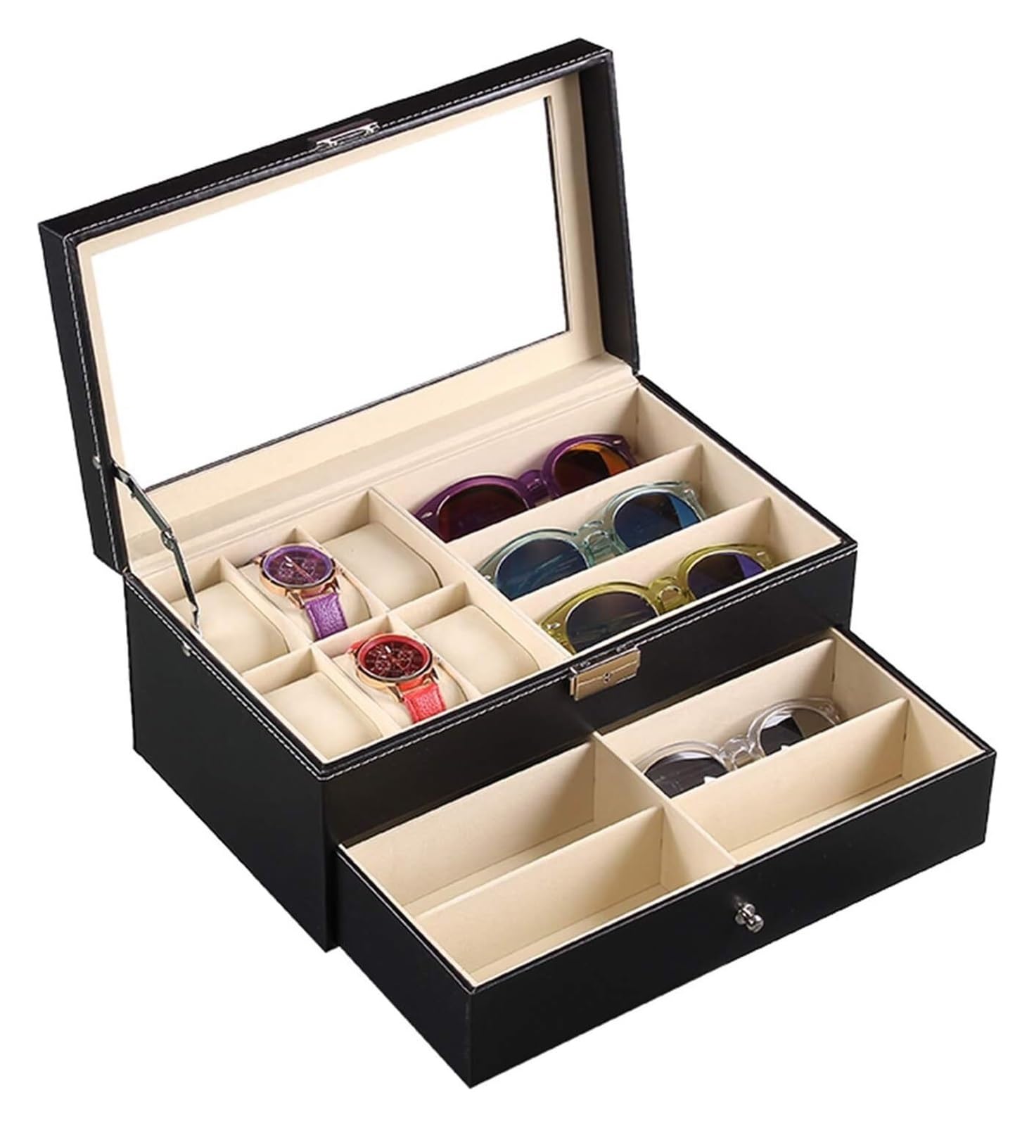 ANVLOJRIH Sunglasses Display Case，2-Layer Black Leather Watch Box, 6 Watches Storage And 9 Eyeglasses And Sunglass Glasses Jewelry Drawer