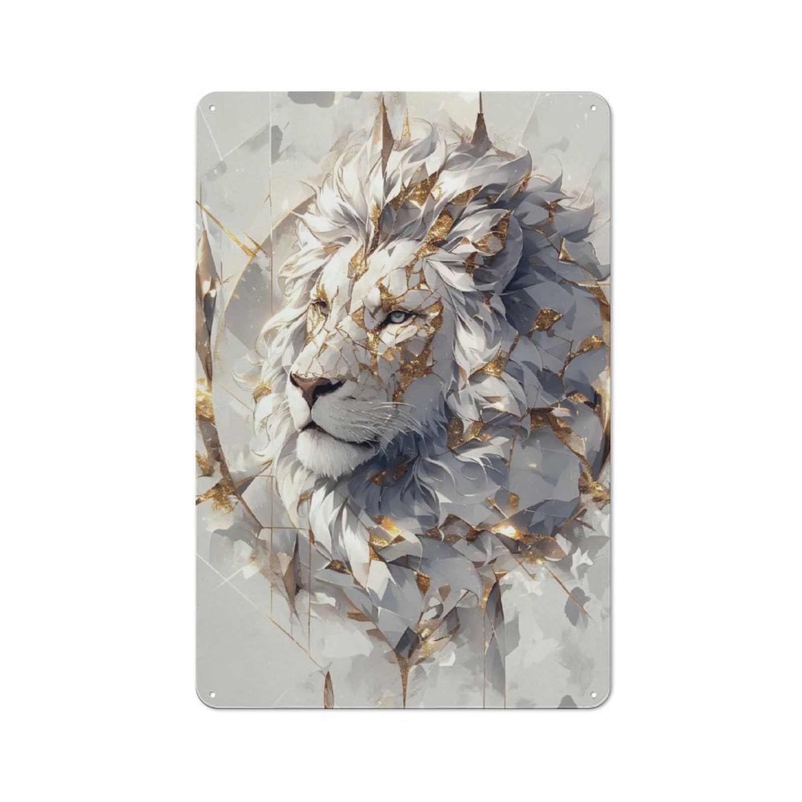 Junmoney Style-14 Majestic White Lion With Gold Accents Rustic Metal Sign 30X20cm For Pub Or Café, For Collectors Of Rustic Metal Wall Decor
