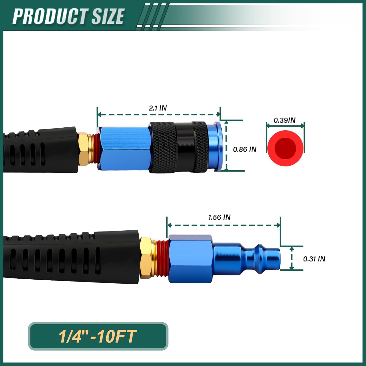 1/4" x 10 ft Reinforced Polyurethane Air Hose with Bend Restrictor, Includes 1/4" Industrial Quick Coupler & I/M Plug Kit, for Air Compressors, Red