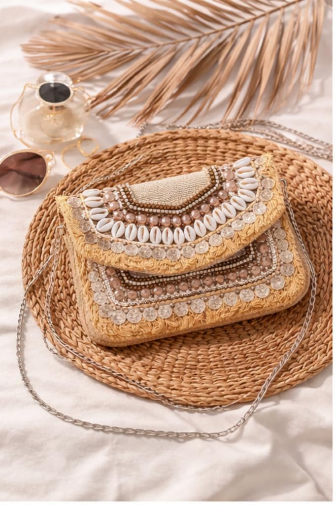senora Boho Clutch Bag with Cowrie Shells, Gold Coins, Beads and Fringe, Chain Strap Crossbody Sling Purse-picture-28