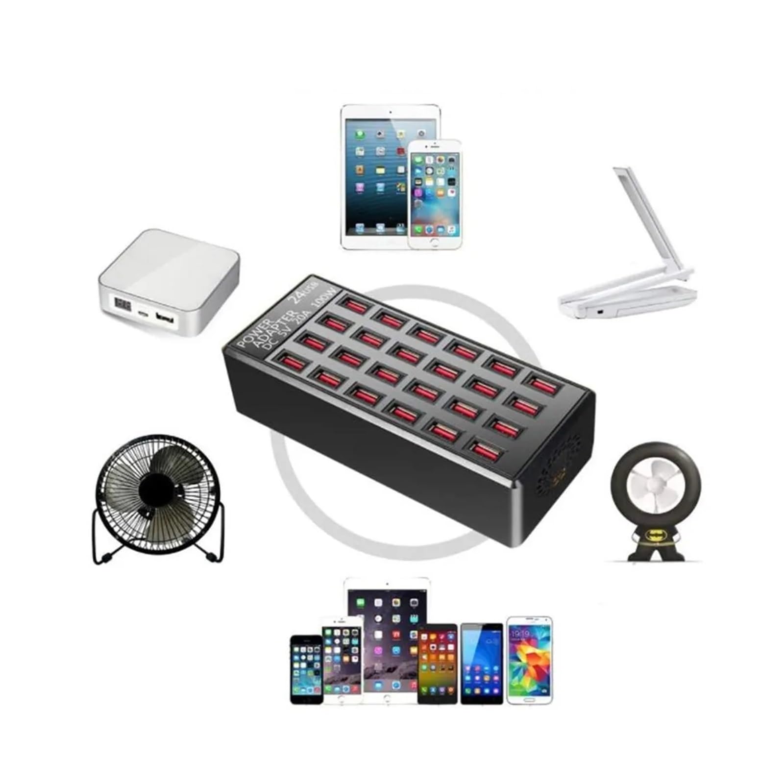 Chargeur USB 12 24 Multi-Ports HUB 100W, Station de Charge Universelle, Adaptateur d'alimentation Mural de Bureau for téléphones Mobiles,Gain De Place(24-Port USB(100W))