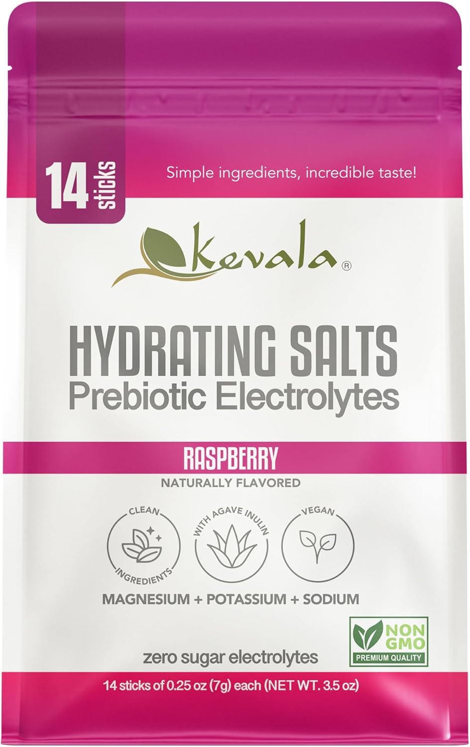 kevala Hydrating Salts Prebiotic Electrolytes – Raspberry – Zero Sugar - with Agave Inulin – 14 Count Hydration Packets – Powder Drink
