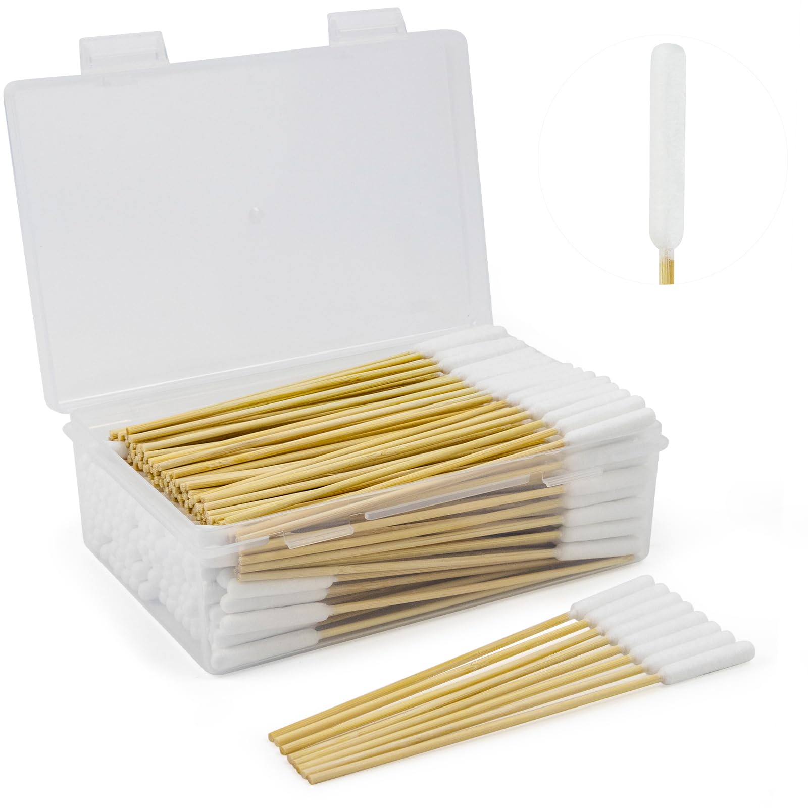 200 pcs 6" long cotton swabs in storage box – professional large tips with bamboo handle, lint free, highly absorbent large cotton buds for dog ear cleaning & cat/dog care