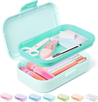 Sooez Double Layer Pencil Box, Plastic Pencil Case with Latch, Hard School Supply Box for Girls Boys Kids, Large Crayon Marker Pen Holder, Cute Art Storage Organizer, 1 Pack, Mint Green