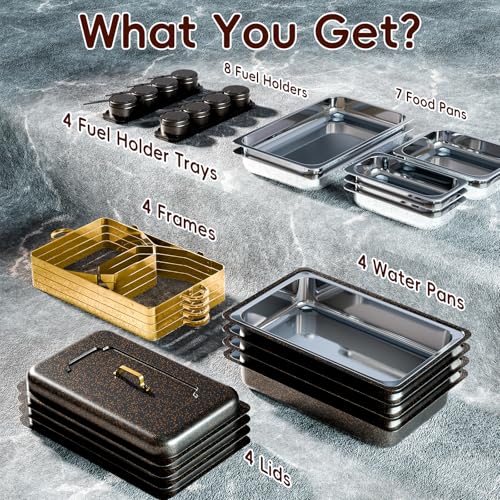 Image of Amhier 9Qt Chafing Dishes for Buffet, 4 Pack, Black | Multi-Size Food Pans, Maifanite Coating, Resisting Scratches & Stains, Foldable Frame, Stainless Steel, For Parties, Weddings