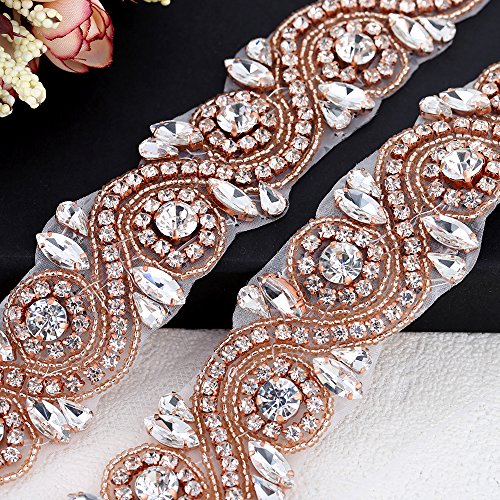 Rhinestone Applique with Teardrop Beads for Wedding Dress Belt Embellishment-Rose Gold - Thumbnail 2