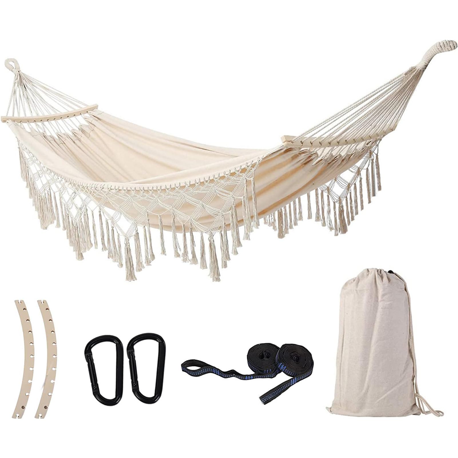 Hamac Extérieur Suspendu de Bohême avec Support, Tige en Bois et Sangle - Toile Macramé (Blanc)