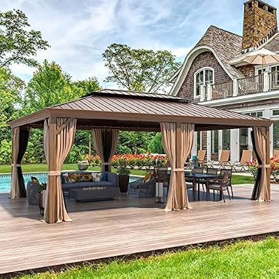 MELLCOM 14'x20' Hardtop Gazebo, Wood Grain Aluminum Frame Pergola with Galvanized Steel Roof, Outdoor Metal Gazebos with Curtains and Nettings for Patio, Backyard, Deck and Lawns