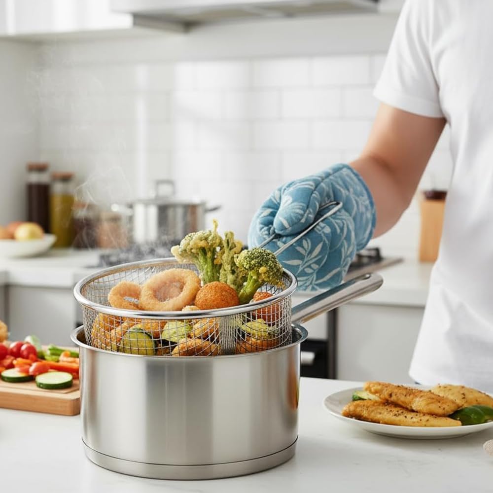 MGE - Pentolino Friggitrice con Cestello in Acciaio Inox - Padella Friggitrice con Cestello - Pentola per Friggere - Ø 16 cm