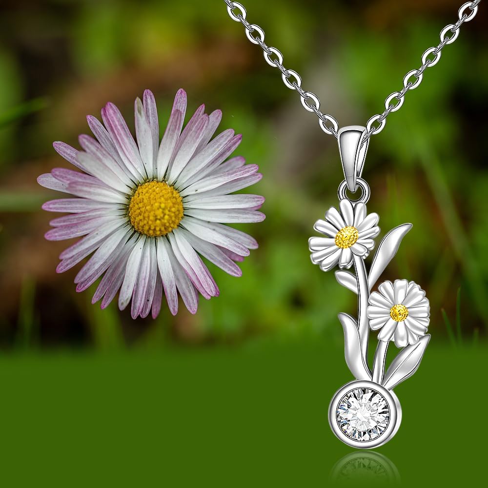 Fenthring Birth Flower Necklace April Daisy Necklace for Women with Birthstone Sterling Silver Daisy Flower Pendant Chain Jewelry Charm Christmas Birthday Gifts - Image 9