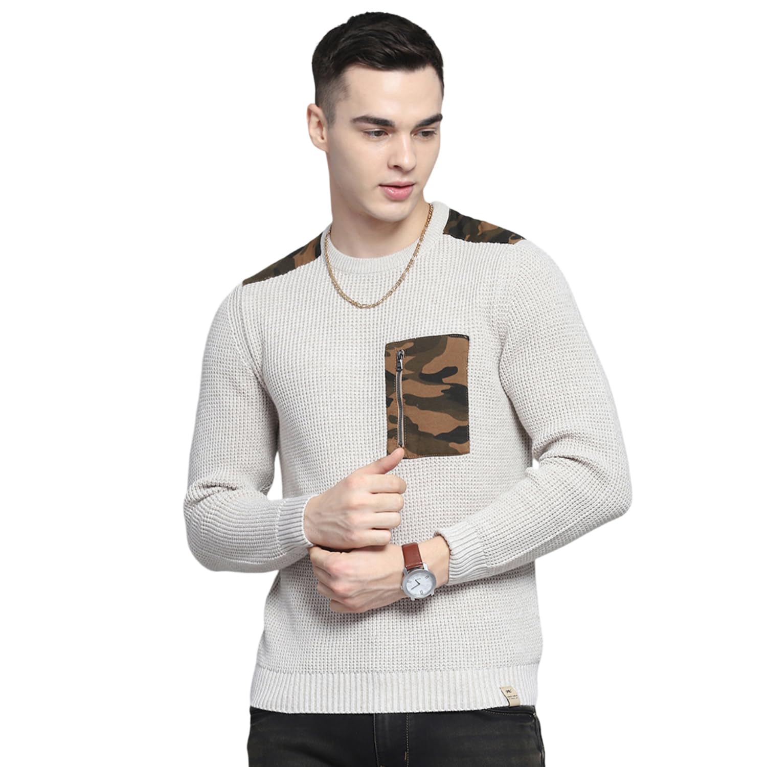 monte carlo Mens Self Design Beige Round Neck Full Sleeve Pullover-picture-15