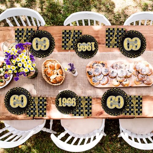 Image of 96PCS 60th Theme Birthday Party Tableware Vintage 1966 Party Supplies 60 Year Old Birthday Party Decorations Plates Napkins Forks Black and Gold Dinnerware Favors for Men or Women