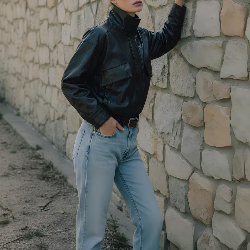 Women’s Faux Leather Bomber Jacket Oversized Relaxed Fit Aviator Flight Coat - Casual Moto Zip-Up Outerwear - Image 5