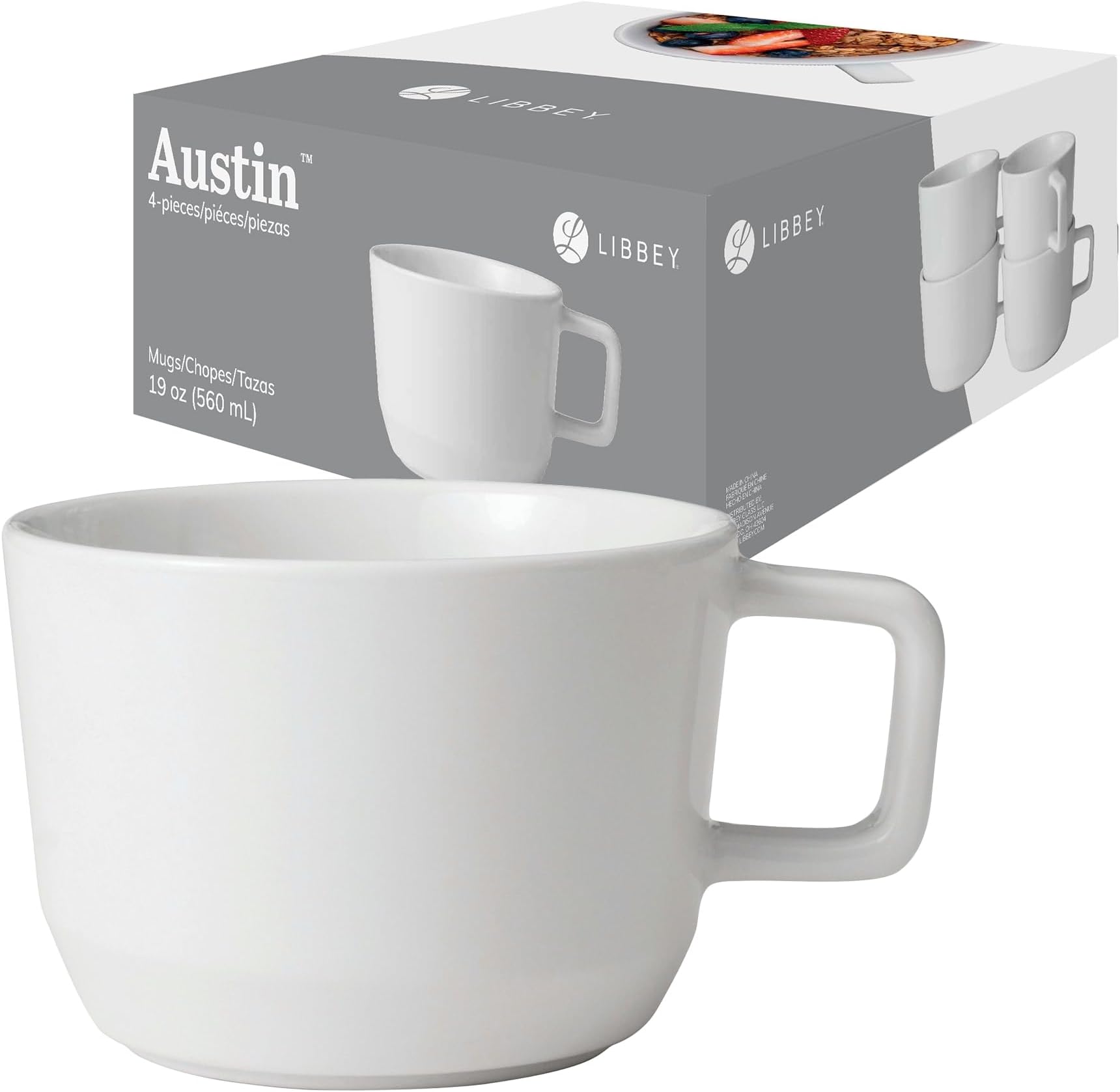 Libbey Austin White Ceramic Coffee Mug Set of 4 Large Coffee Mug, Tea Cup, Soup Bowls, Dessert Bowl, Cereal Bowls, Stackable Design Coffee Mugs for Latte, Cocoa Microwave Safe Dishwasher Safe 17.5 Oz